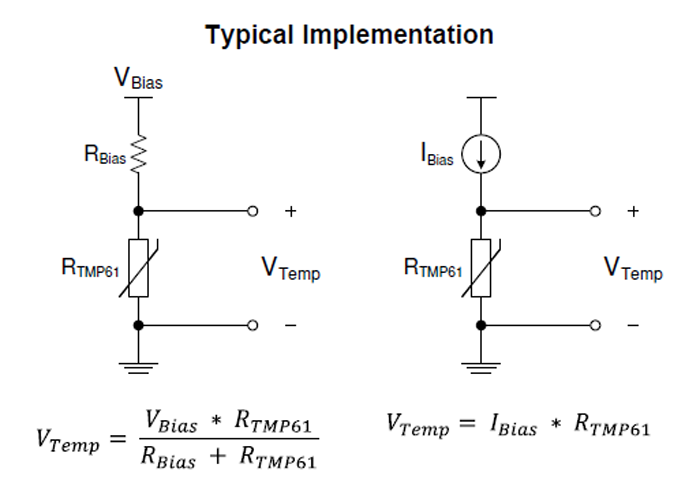 2.作為電阻組件，可以使用電壓源（左）或電流源（右）來驅(qū)動熱敏電阻。實(shí)際上，大多數(shù)電壓驅(qū)動電路使用比例布置來消除源漂移的影響